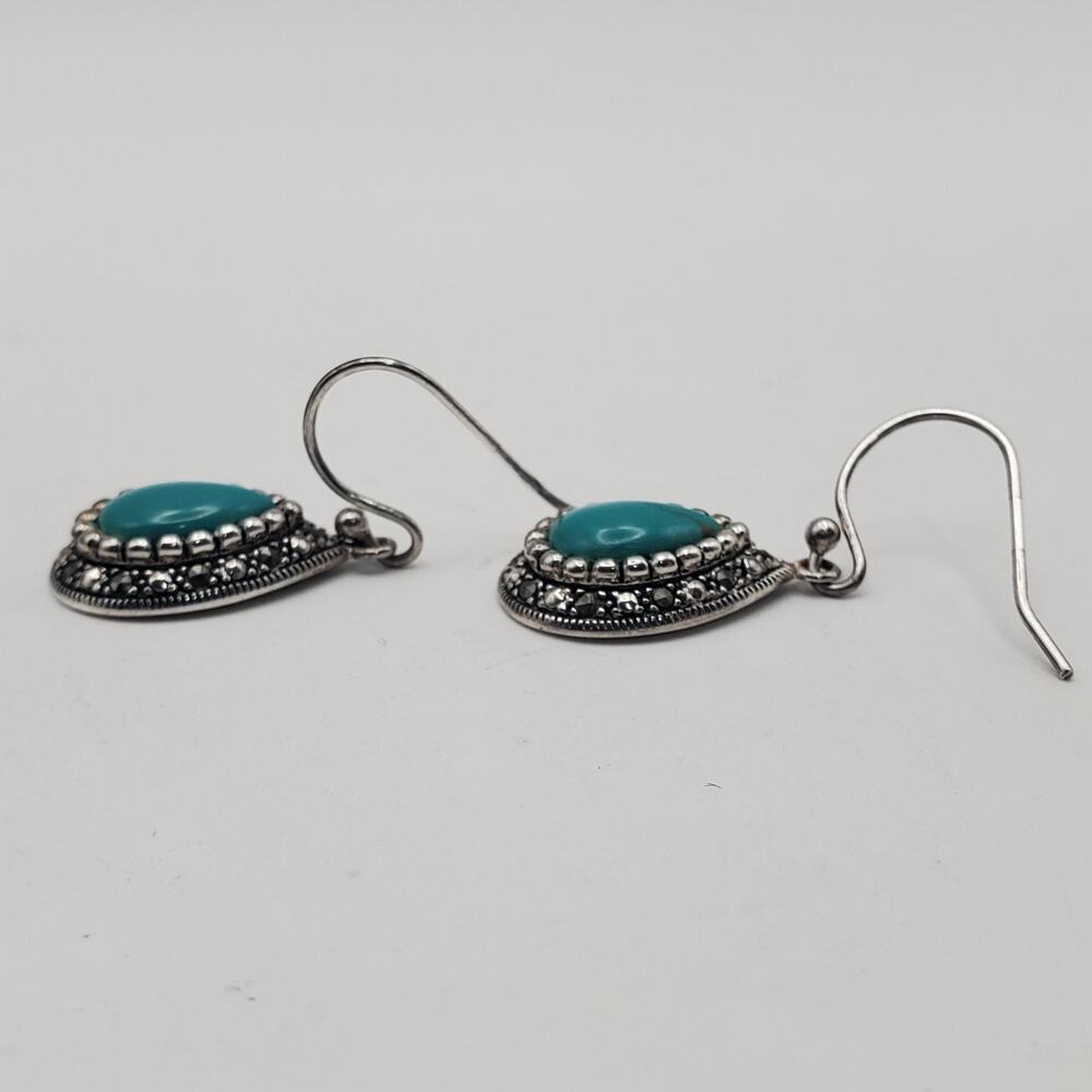 SLC 925 Vintage Sterling Silver Marcasite Turquoise Dangle Earrings Teardrop - Picture 6 of 9